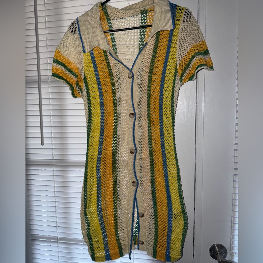 SHEIN Striped Crochet Button-Front Sweater Dress in Cream, Yellow & Green